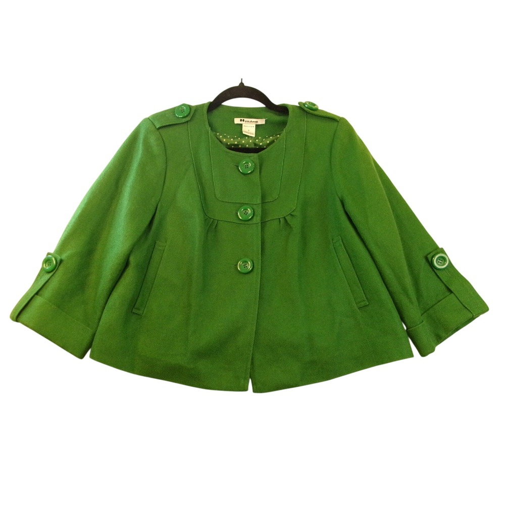 Nygard Collection Green Linen Blend Cropped Swing Jacket Polka Dot Lining 6P